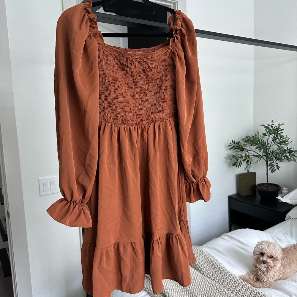 Elegant Rust Smocked Dress